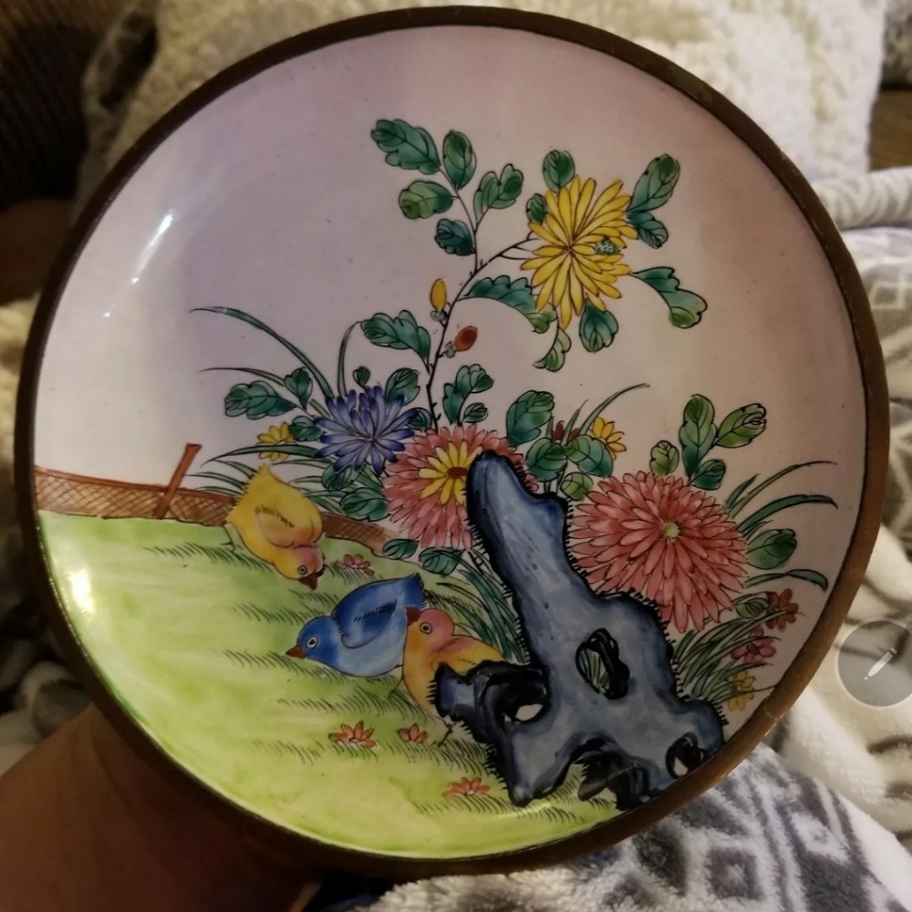 PrettyChinese Copper Enamel Painted Dish w/chicks